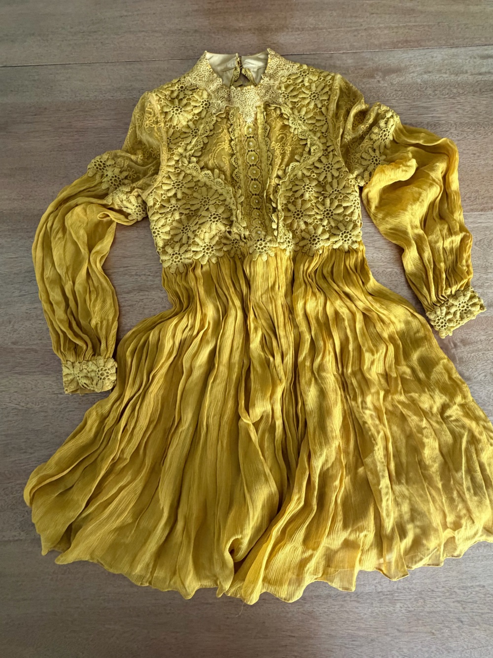 Free People Golden Yellow Lace & Pleated Mini Dress